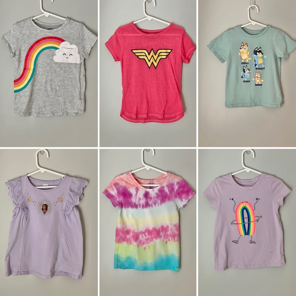 6-piece Size 5 Girls Short Sleeved Shirt Set - Bluey, rainbow, Disney